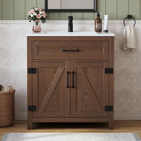 Villa 31 in. Single Sink Bath Vanity in Dark Walnut with White Engineered Solid Surface Top Unassembled