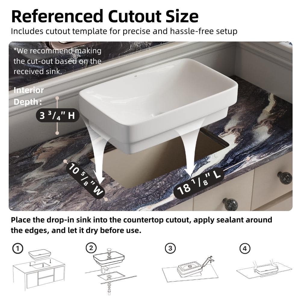 Glossy White Ceramic Rectangular Drop-In Bathroom Sink