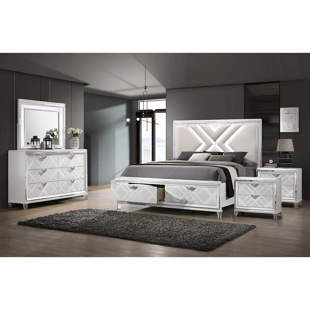 Rusconi 5-Piece LED Headboard White Wood King Bedroom Set with Dresser/Mirror and Nightstand -  Furniture of America, IDF7147WHEKNDM