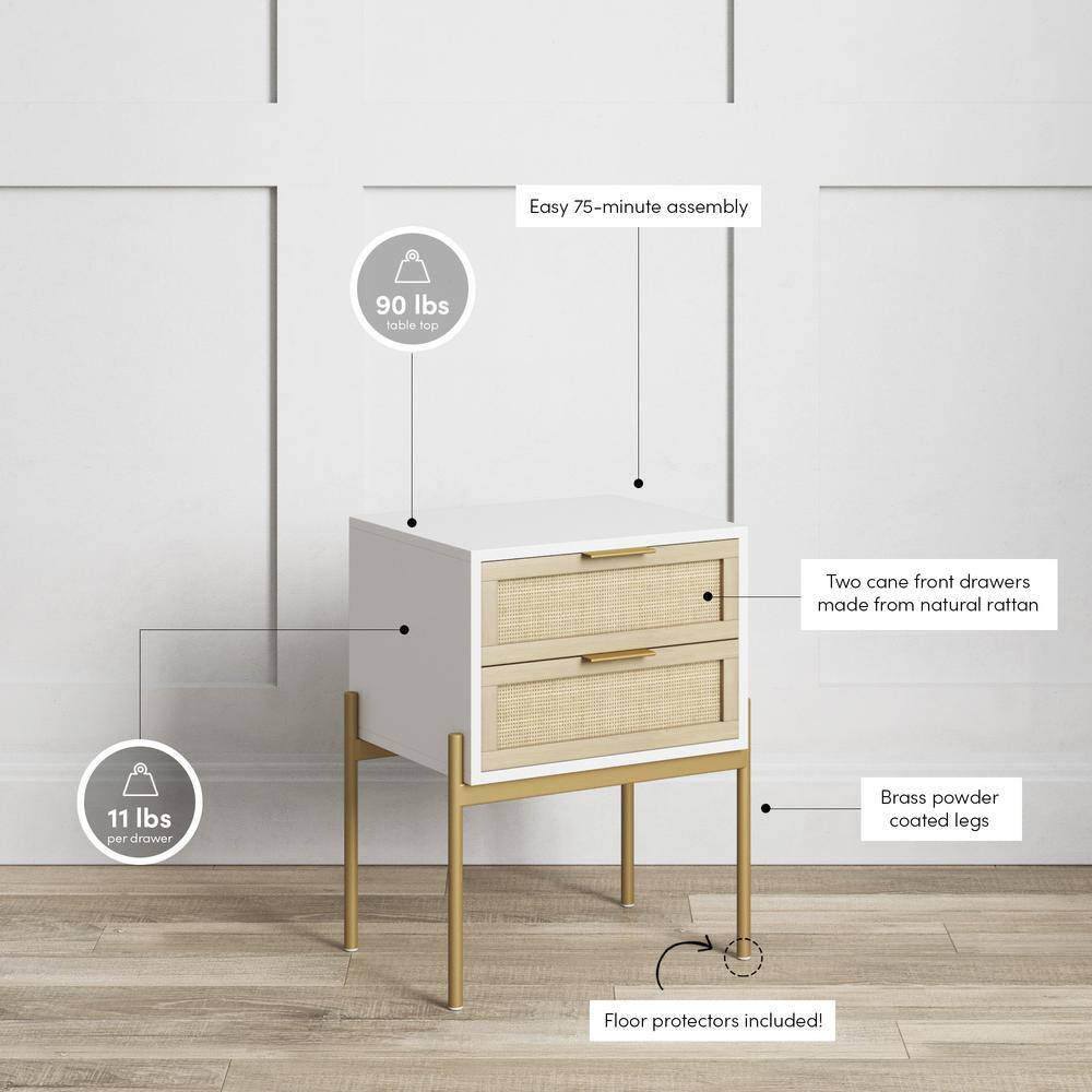 White and Gold Rattan 2-Drawer End Table with Metal Legs