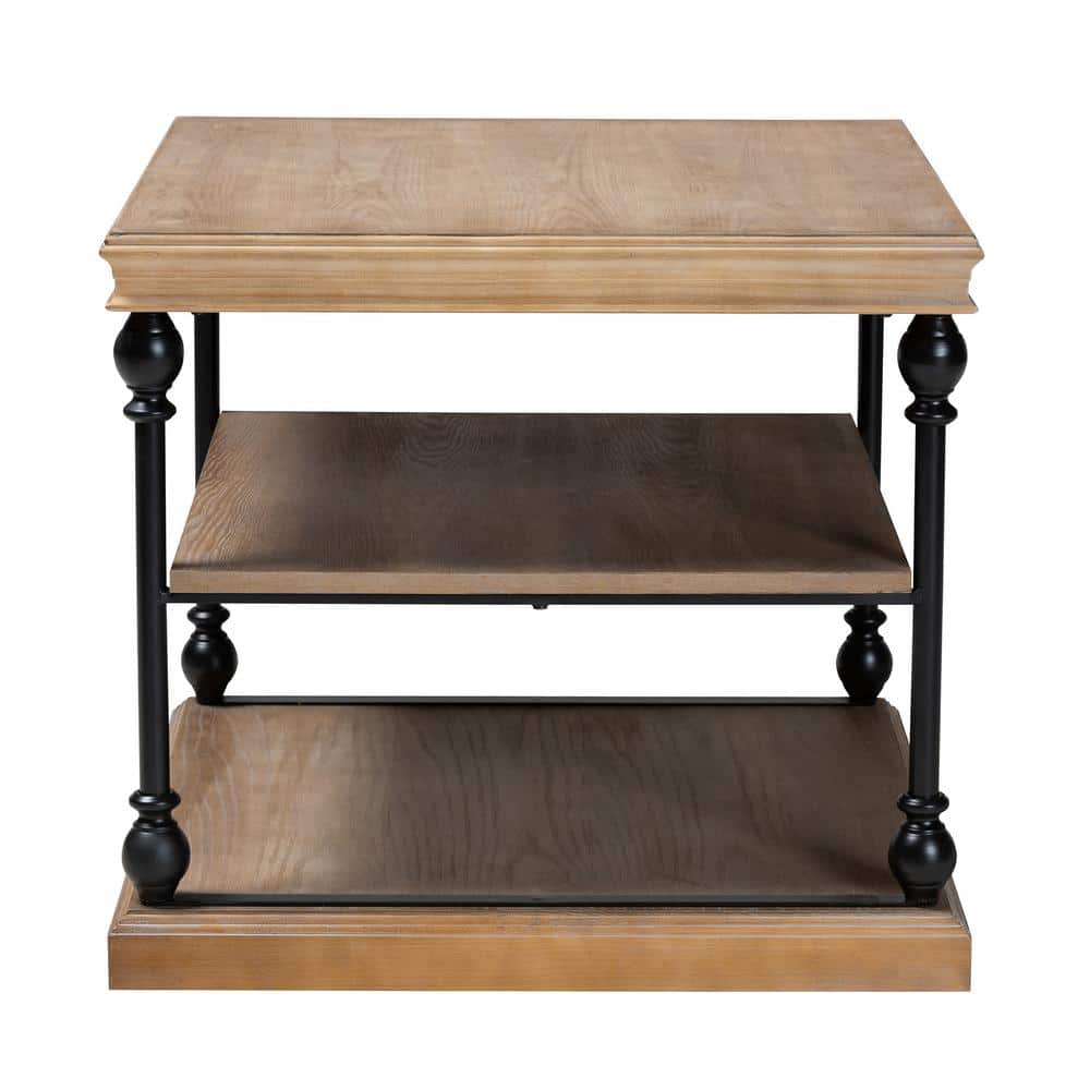 Sebastian Industrial Greywashed Wood & Black Metal 3-Tier End Table