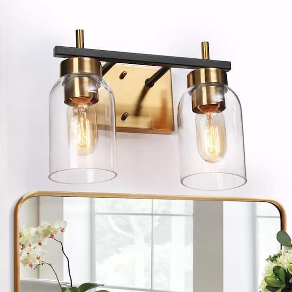 12 in. 2-Light Brass Gold Bathroom Vanity Light, Black Bath Lighting, Modern Wall Light with Cylinder Clear Glass Shades