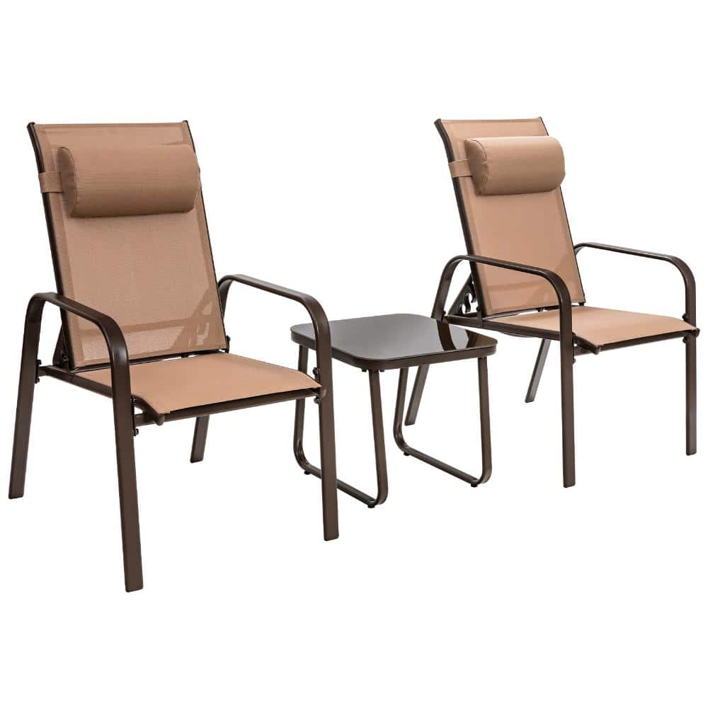 3-Piece Steel Patio Bistro Set with Adjustable Backrest Chairs and Glass Table, Brown price history on PriceWatchPro