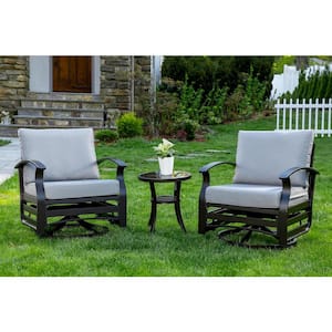 3-Piece Aluminum Swivel Outdoor Rocking Chairs Patio Conversation Set with Gray Cushions and Table, Garden, Backyard