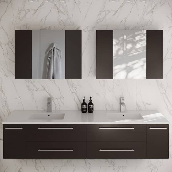 Fresca Lucera 72 in. Double Sink Wall Mount Espresso Bath Vanity with White Quartz Top, Undermount Sinks and Medicine Cabinets