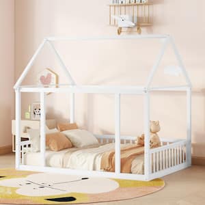 White Wood Frame Full Size House Floor Bed with Roof, Safety Guardrails, No Slats