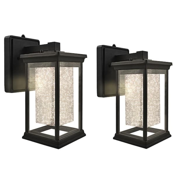 LUXRITE 10 in. Black Dusk to Dawn LED Wall Lantern Sconce 3CCT 3000K-5000K 12-Watt Seeded Bubble Glass Outdoor ETL IP54 (2-Pack)