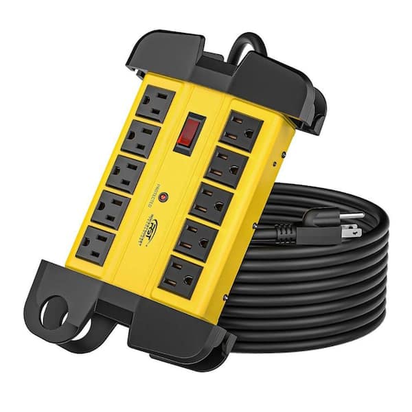 10-Outlets Heavy Duty Power Strip Metal Surge Protector with 15 Amps 15 ft. Power Cord 2800 Joules Yellow for Garden