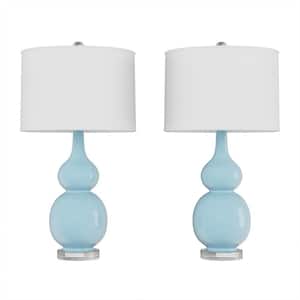 26.25 in. Double Gourd Ceramic Spa Blue LED Table Lamps with Ivory Shades (Set of 2)