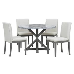 5-Piece Round White and Gray Wood Dining Set with Marble Sticker and Pedestal Dining Table, 4 Upholstered Chairs