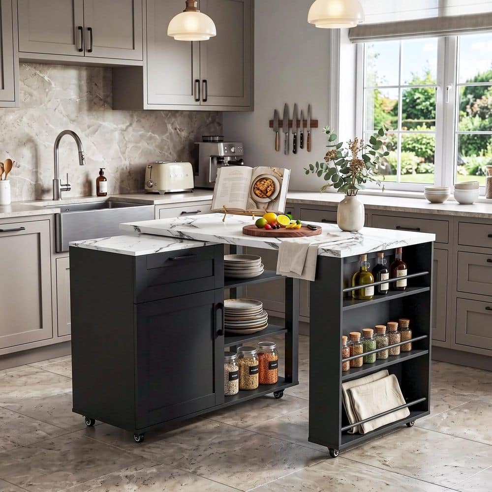 ガラス & アイアン ラック FUFU&GAGA Black Wood 61 in. Kitchen Island with Rotating Top, 2