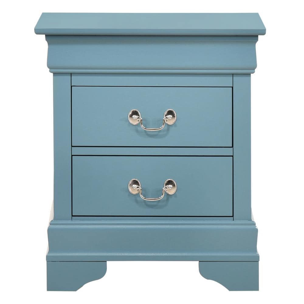 Teal Wood 2-Drawer Nightstand with Silver Hardware