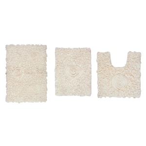 Bell Flower Collection 100% Cotton Tufted Bath Rug, 3-Pcs Set with Contour-Ivory