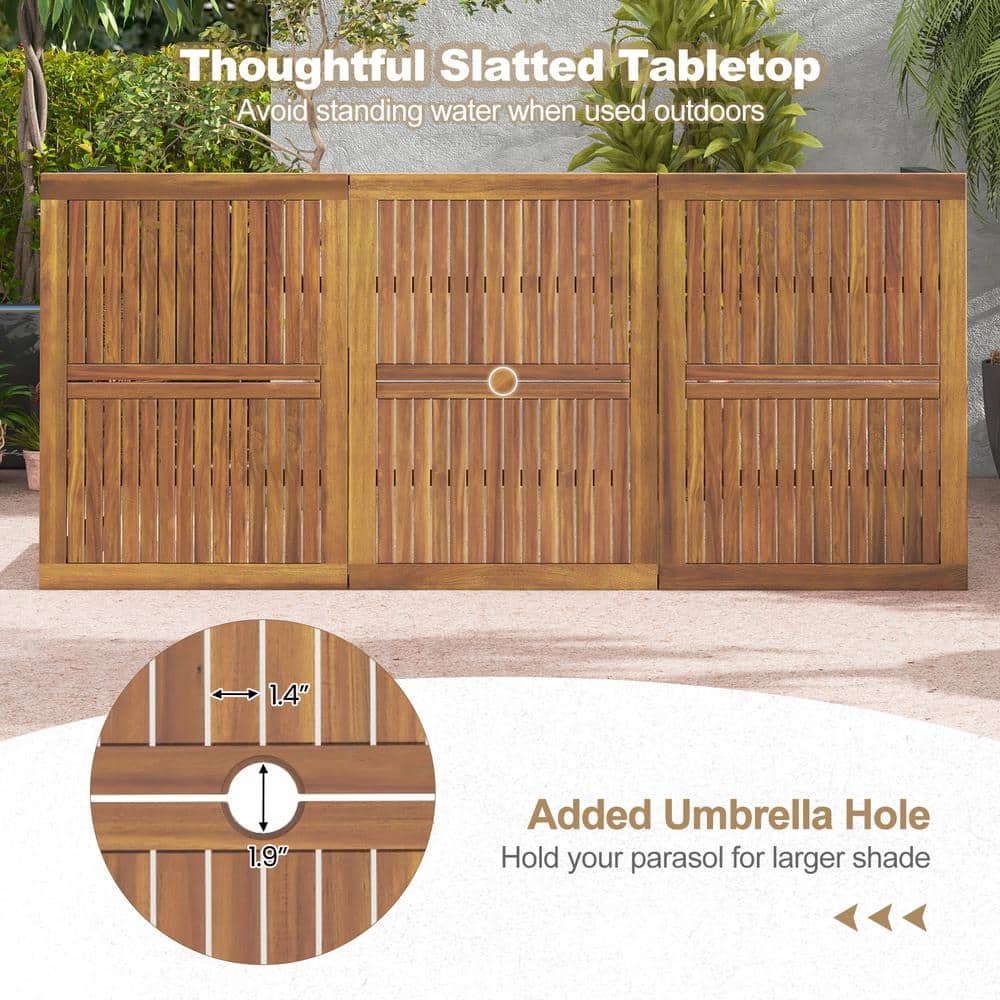 79" Natural Acacia Wood and Black Metal Outdoor Dining Table with Umbrella Hole