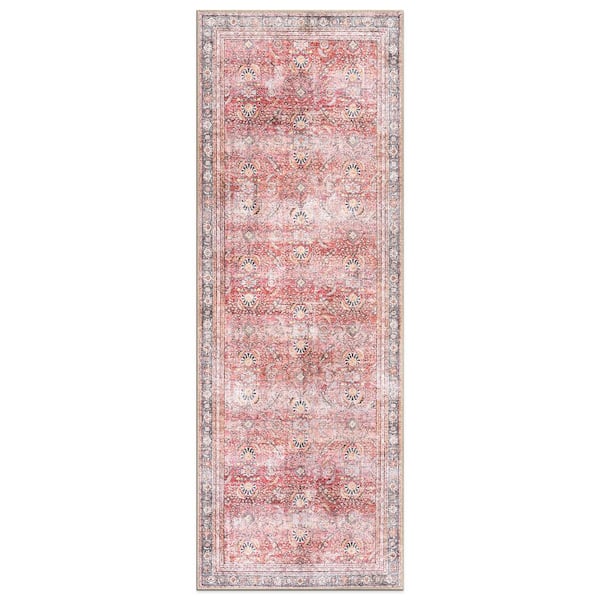 Amber Red 2 ft. 6 in. x 7 ft. Vintage Inspired Machine Washable Non Slip Runner Rug