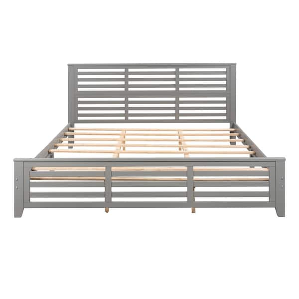 Z-joyee Wood Gray King Platform Bed with Horizontal Strip Hollow Shape