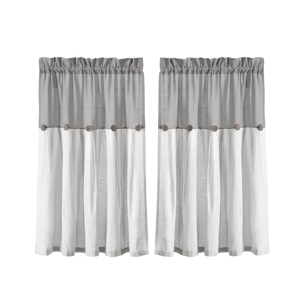 Gray and Off-White Cotton Blend Kitchen Tier Curtains with Rustic Buttons