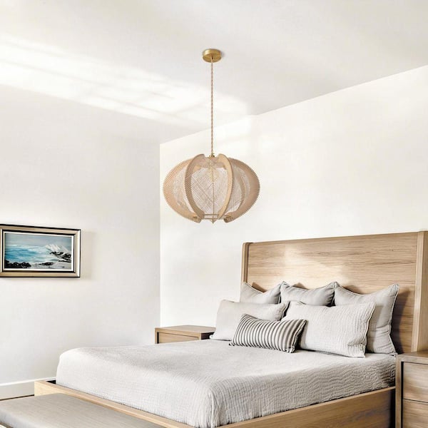 1 Light Natural Wood and Cotton Rope Pendant Light, Handwoven Lantern-Style Chandelier, No Bulbs Included 24 in.