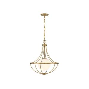 Meridian 18 in. W x 22 in. H 1-Light Natural Brass Contemporary Pendant Light with White Opal Glass Shade