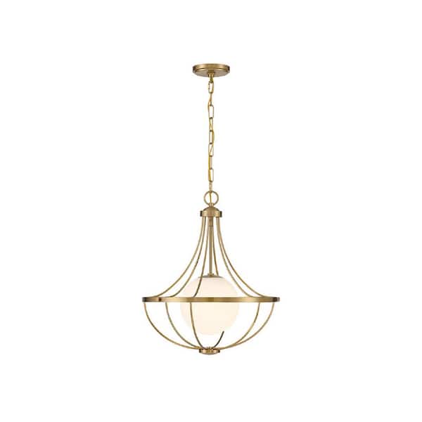 18 in. W x 22 in. H 1-Light Natural Brass Contemporary Pendant Light with White Opal Glass Shade