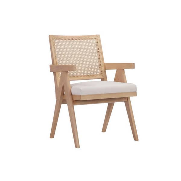 Benjara Brown, Beige and Off White Velvet Armchair with Cane Back and Wooden Frame