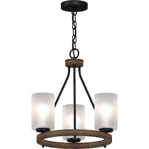 Emery 3-Light Walnut and Black Indoor Mini Hanging Chandelier with Frosted Glass Cylinder Shades