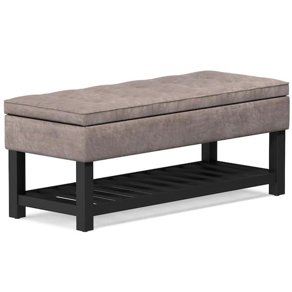 Simpli Home Cosmopolitan 44 in. Wide Transitional Storage OttomanBench with Open Bottom in Distressed Grey Taupe Vegan Faux Leather