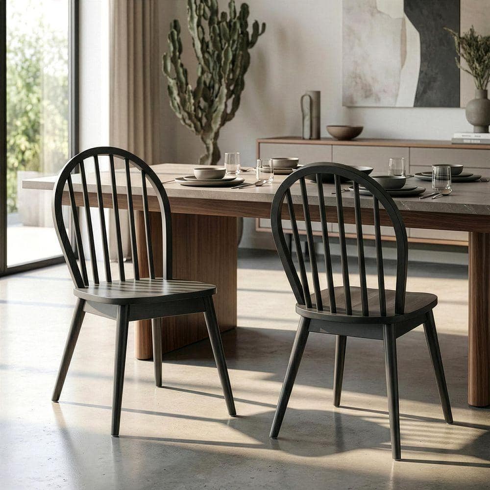 Glamour Home Astra Black Solid Wood Chair with Windsor Back (Set