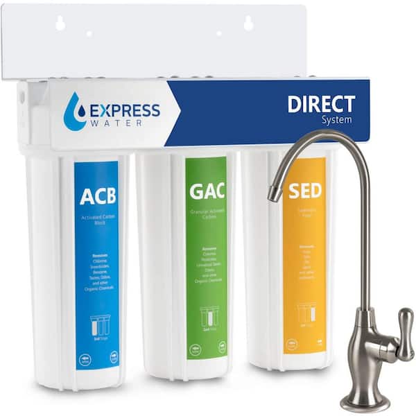 Express Water Under Sink 3 Stage Direct Water Filtration System in Brushed Nickel Faucet - SED, ACB GAC Carbon Filters