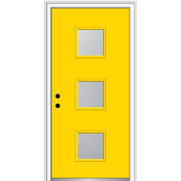 MMI DOOR 36 in. x 80 in. Aveline Right-Hand Inswing 3-Lite Frosted Glass Painted Fiberglass Smooth Prehung Front Door