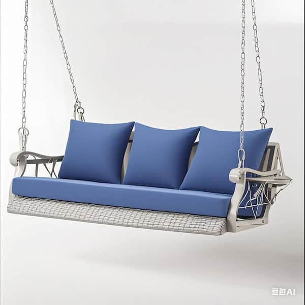 JUJABU 3-Person 900 lbs. Light Blue Wicker Outdoor Porch Swing Chair with Cup-Holder and Steel Chains and Cushion