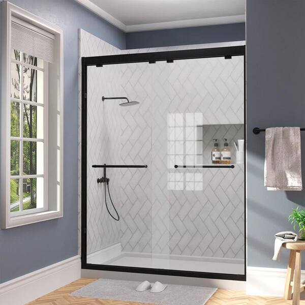 tydex ShiftPro 60 in. W x 72 in. H Sliding Framed Shower Door in Matte Black with Clear Glass