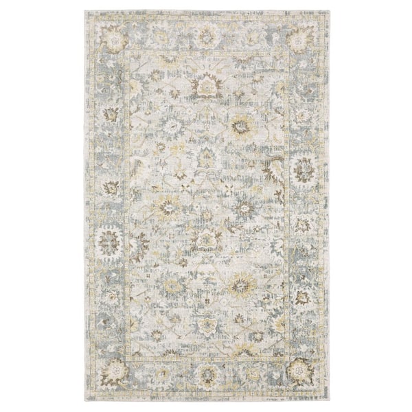 Wingate Ivory/Blue 6 ft. x 9 ft. Distressed Oriental Floral Hand-Loomed Viscose-Wool Blend Indoor Area Rug