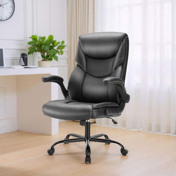 WONDER COMFORT Ergonomic PU Leather Seat High Back Heavy Duty Office Executive Chair in Black with Flip-up Arms