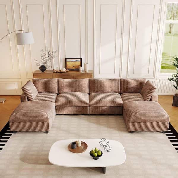 J&E Home 157.48 in. Rabbit Plush Fabric Square Arm 6-Piece Modular