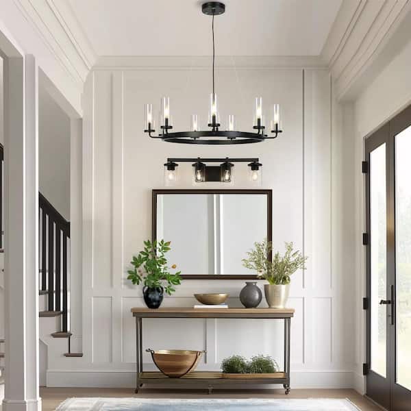 Modern Black 31 in. 9-Light Wagon Wheel Chandelier Round Island Candlestick Chandelier with Cylinder Clear Glass Shades