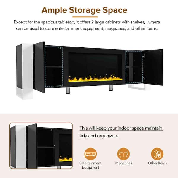 Modern Black TV Stand Fits TV's up to 78 in. with 34.2 in. Non-Heating Electric Fireplace, 2 Cabinets
