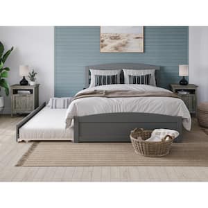 Warren 60-1/4 in. W Grey Queen Wood Frame with Twin XL Pull Out Trundle Bed Footboard and USB Charger Platform Bed