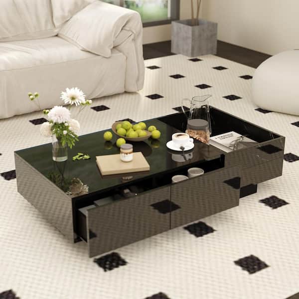 FUFU&GAGA 47.2 in. Length Modern Black Mirror-Look Rectangle Wood Coffee Table with 2 Drawer and 3 Open Storage Space