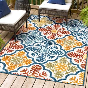 Cassis Ornate Ogee Trellis High-Low Blue/Multi 8 ft. x 10 ft. Indoor/Outdoor Area Rug