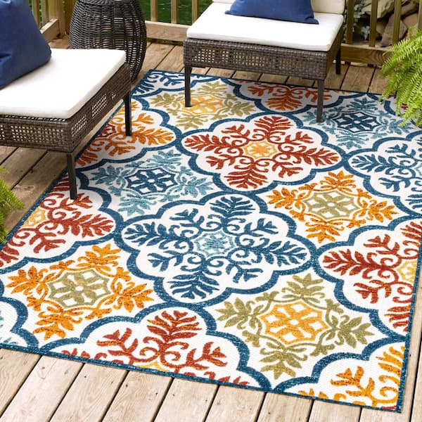 JONATHAN Y Cassis Ornate Ogee Trellis High-Low Blue/Multi 8 ft. x 10 ft. Indoor/Outdoor Area Rug
