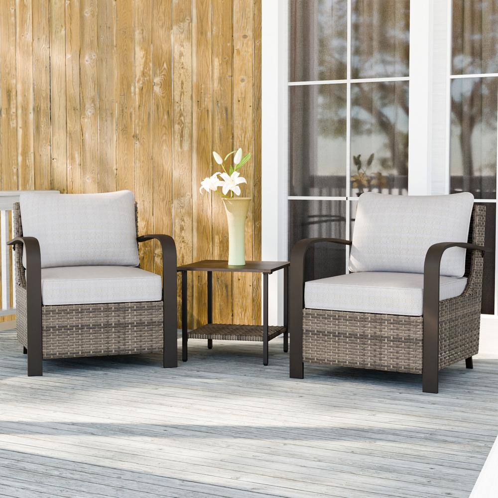 Beige Wicker Rattan 3-Piece Outdoor Chair Set with Side Table