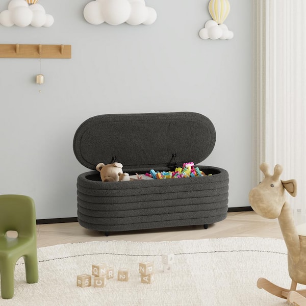 Bayville 42 in. Wide Oval Sherpa Upholstered Entryway Flip Top Storage Bedroom Accent Bench in Charcoal Gray