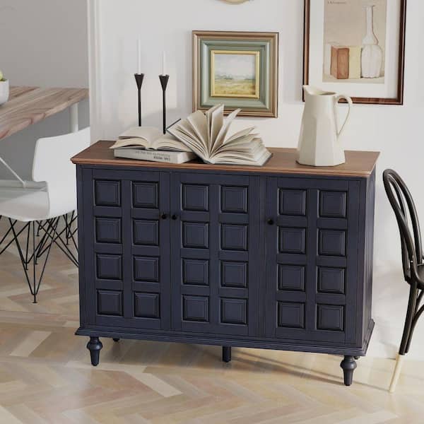FUIN Retro Black 34.65 in. H Storage Cabinet with Plaid Pattern
