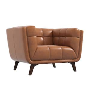 Allen Mid-Century Cognac Tufted Tight Back Genuine Leather Upholstered Armchair