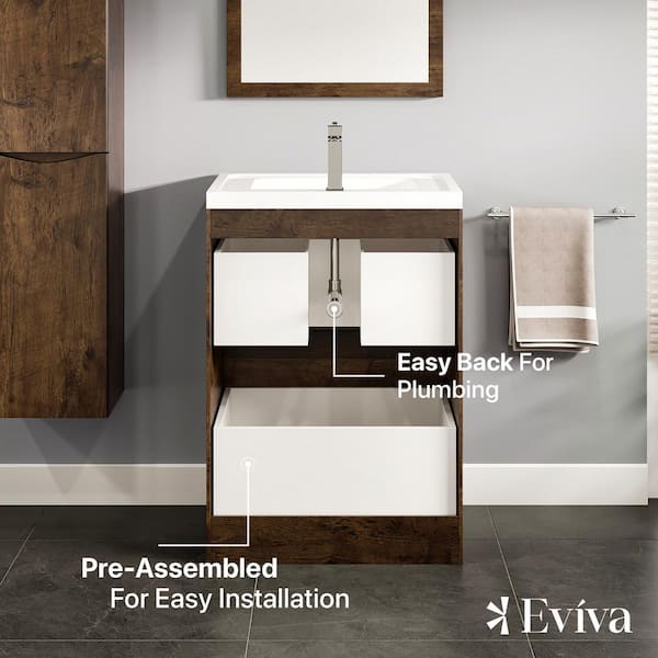 Smile 24 in. W x 16 in. D x 33.5 in. H Bathroom Vanity in Rosewood with White Acrylic Top with White Sink