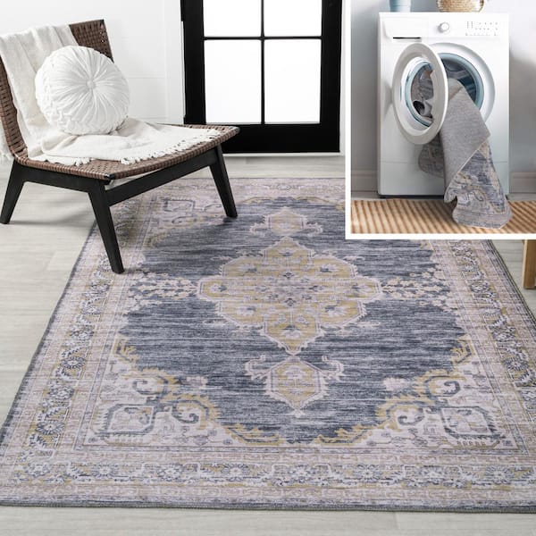 JONATHAN Y Wincer Chenille Cottage Medallion Machine-Washable Dark Gray/Yellow 5 ft. x 8 ft. Area Rug