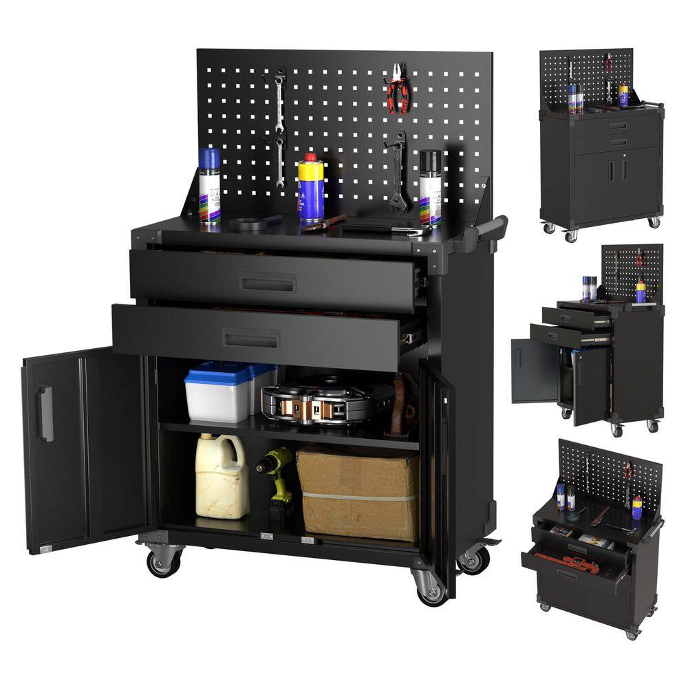 52 in. H x 31.5 in. W x 16.5 in. D Black Tool Cart with Pegboard, 4-Hooks, 2-Drawers,Garage Storage Freestanding Cabinet price history on PriceWatchPro