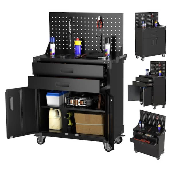 52 in. H x 31.5 in. W x 16.5 in. D Black Tool Cart with Pegboard, 4-Hooks, 2-Drawers,Garage Storage Freestanding Cabinet