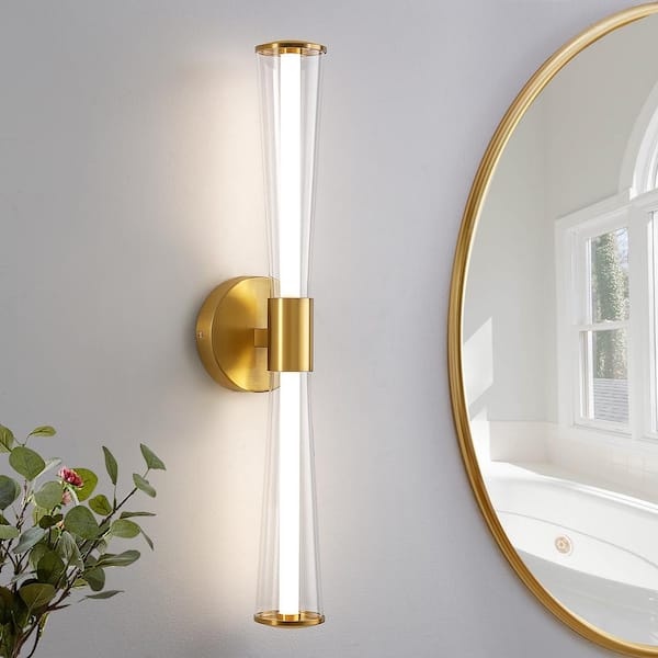 KAISITE Modern 2-light Gold Dimmable Wall Sconce with Clear Glass Shade LED Bathroom Vanity Light